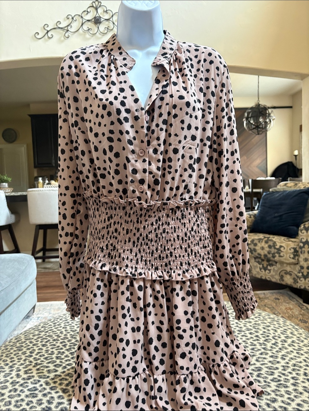 Beige Polka Dot Smocked Waist Long-Sleeve Dress
